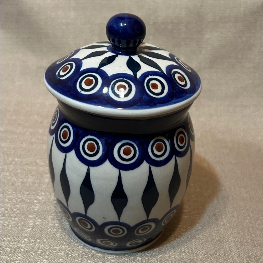 Polish Pottery Peacock Leaves Jar with Lid Peacock Bowl Small Lidded Jar #200